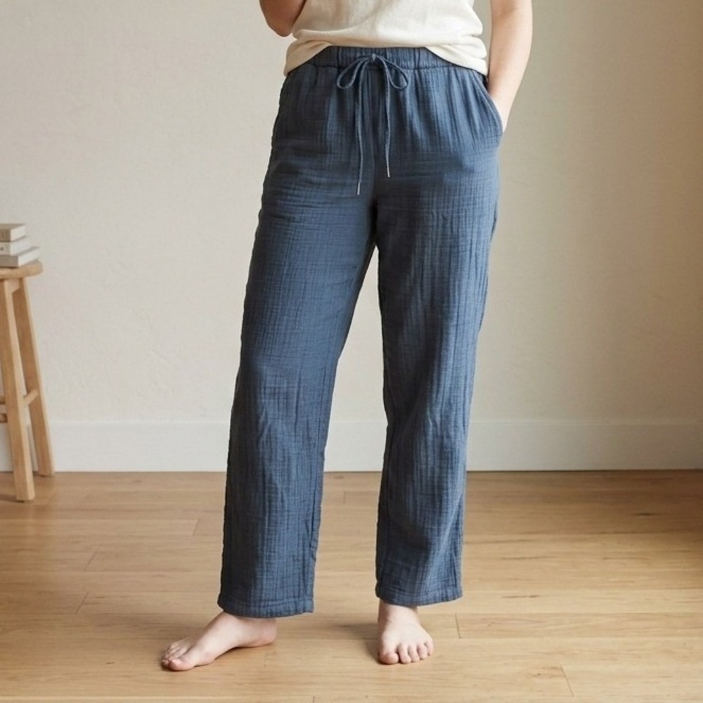 Quince Women Pants Medium Indigo Blue Organic Cotton Gauze Straight Drawstring
